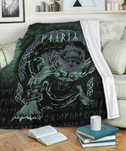 Viking Blanket Fenrir Wolf Norse Futhark Runes Viking Mythology Ragnarok Green Sherpa Fleece Blanket Gifts for Viking Lovers