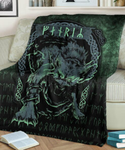 Viking Blanket Fenrir Wolf Norse Futhark Runes Viking Mythology Ragnarok Green Sherpa Fleece Blanket Gifts for Viking Lovers