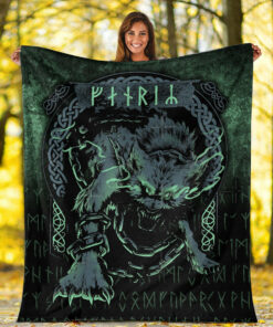 Viking Blanket Fenrir Wolf Norse Futhark Runes Viking Mythology Ragnarok Green Sherpa Fleece Blanket Gifts for Viking Lovers