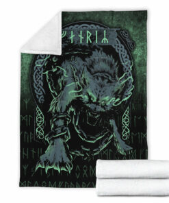 Viking Blanket Fenrir Wolf Norse Futhark Runes Viking Mythology Ragnarok Green Sherpa Fleece Blanket Gifts for Viking Lovers