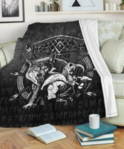 Viking Blanket Fenrir Wolf Of Odin Norse Runes Thor Hammer Mjolnir Sherpa Fleece Blanket Gifts for Viking Lovers