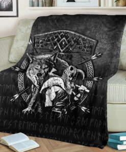 Viking Blanket Fenrir Wolf Of Odin Norse Runes Thor Hammer Mjolnir Sherpa Fleece Blanket Gifts for Viking Lovers