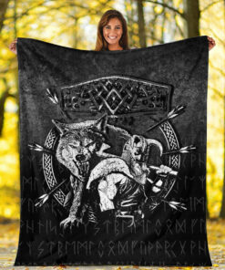Viking Blanket Fenrir Wolf Of Odin Norse Runes Thor Hammer Mjolnir Sherpa Fleece Blanket Gifts for Viking Lovers