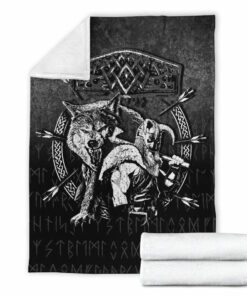Viking Blanket Fenrir Wolf Of Odin Norse Runes Thor Hammer Mjolnir Sherpa Fleece Blanket Gifts for Viking Lovers