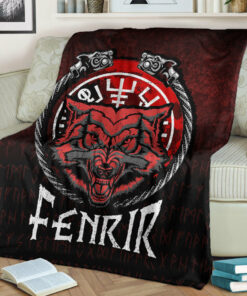 Viking Blanket Fenrir Wolf Runes Norse Vikings Sherpa Fleece Blanket Gifts for Viking Lovers