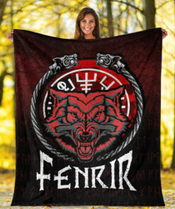 Viking Blanket Fenrir Wolf Runes Norse Vikings Sherpa Fleece Blanket Gifts for Viking Lovers