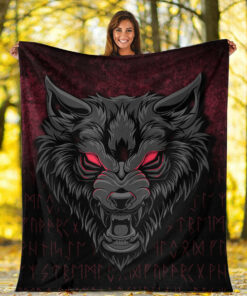 Viking Blanket Fenrir Wolf Viking Symbol Norse Mythologie Sherpa Fleece Blanket Gifts for Viking Lovers