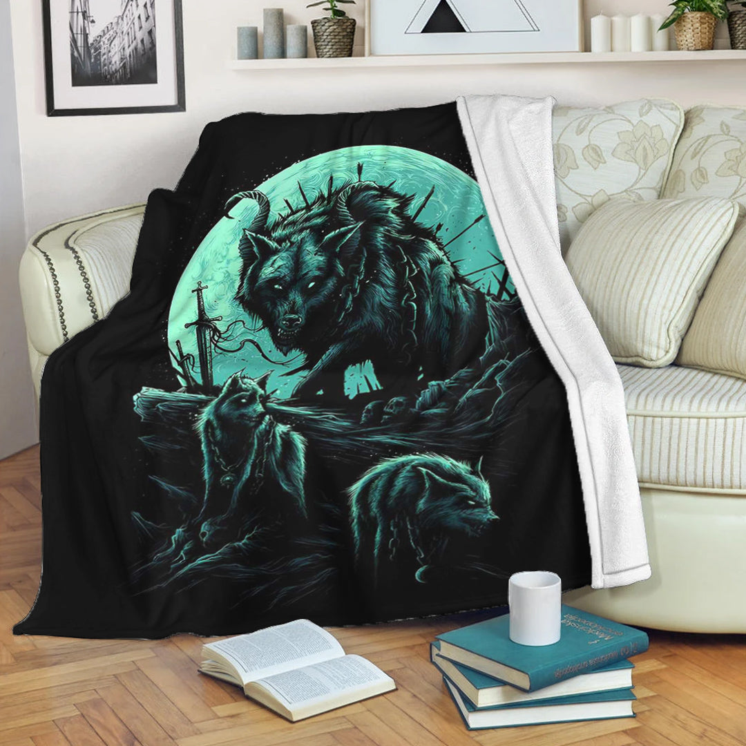 Viking Blanket Fenrir Wolf and Moon Sherpa Fleece Blanket Gifts for Viking Lovers