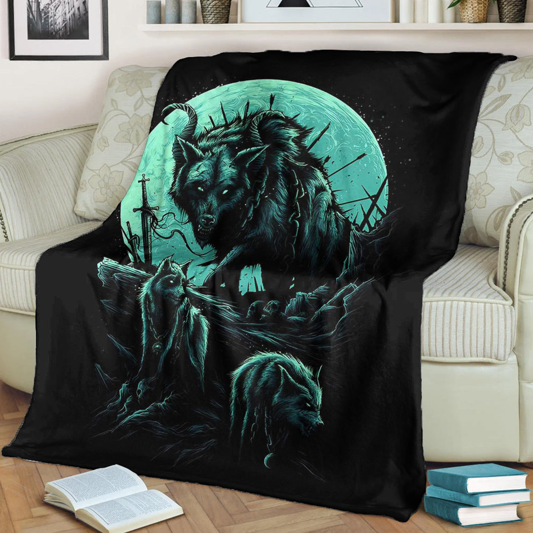Viking Blanket Fenrir Wolf and Moon Sherpa Fleece Blanket Gifts for Viking Lovers