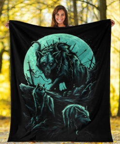 Viking Blanket Fenrir Wolf and Moon Sherpa Fleece Blanket Gifts for Viking Lovers