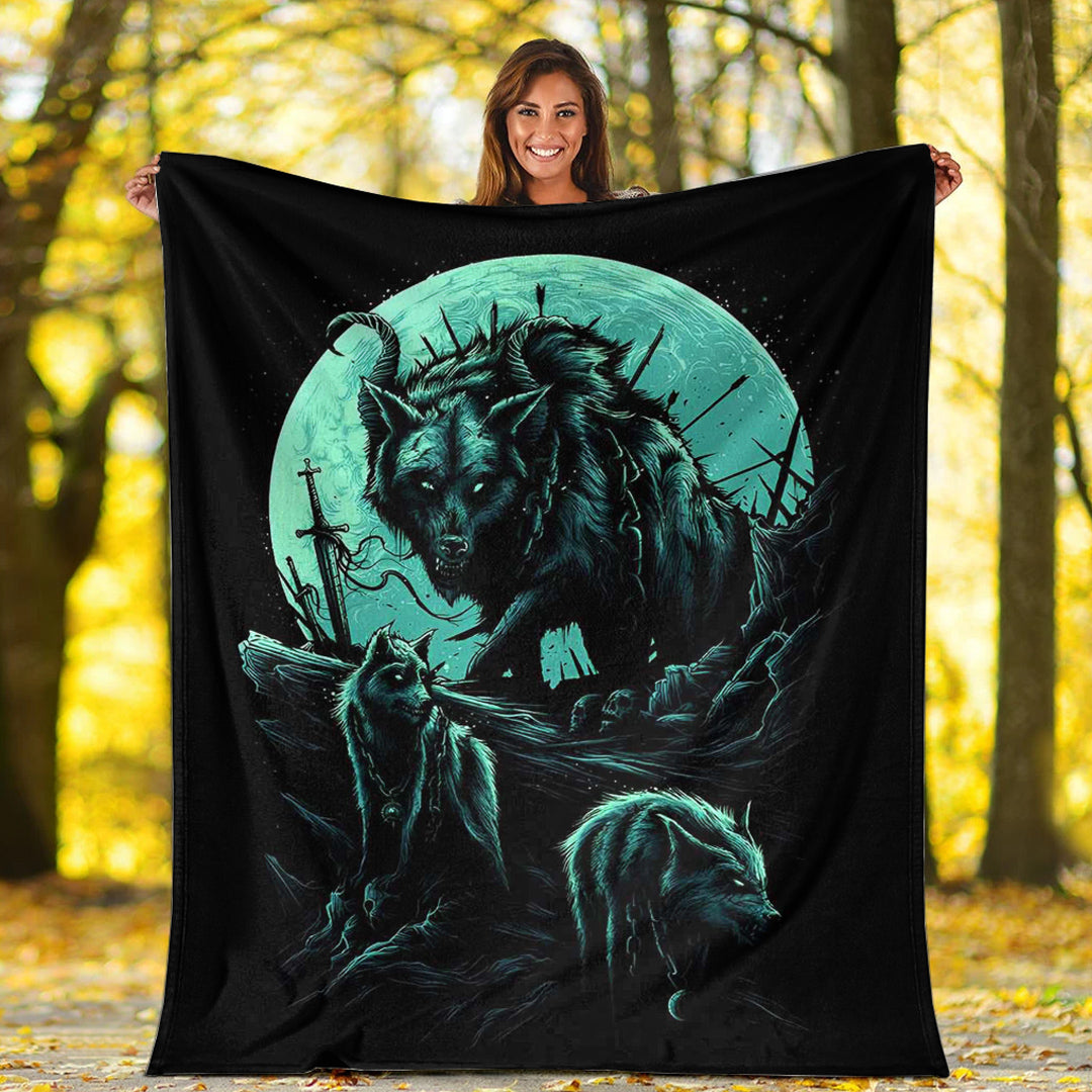 Viking Blanket Fenrir Wolf and Moon Sherpa Fleece Blanket Gifts for Viking Lovers