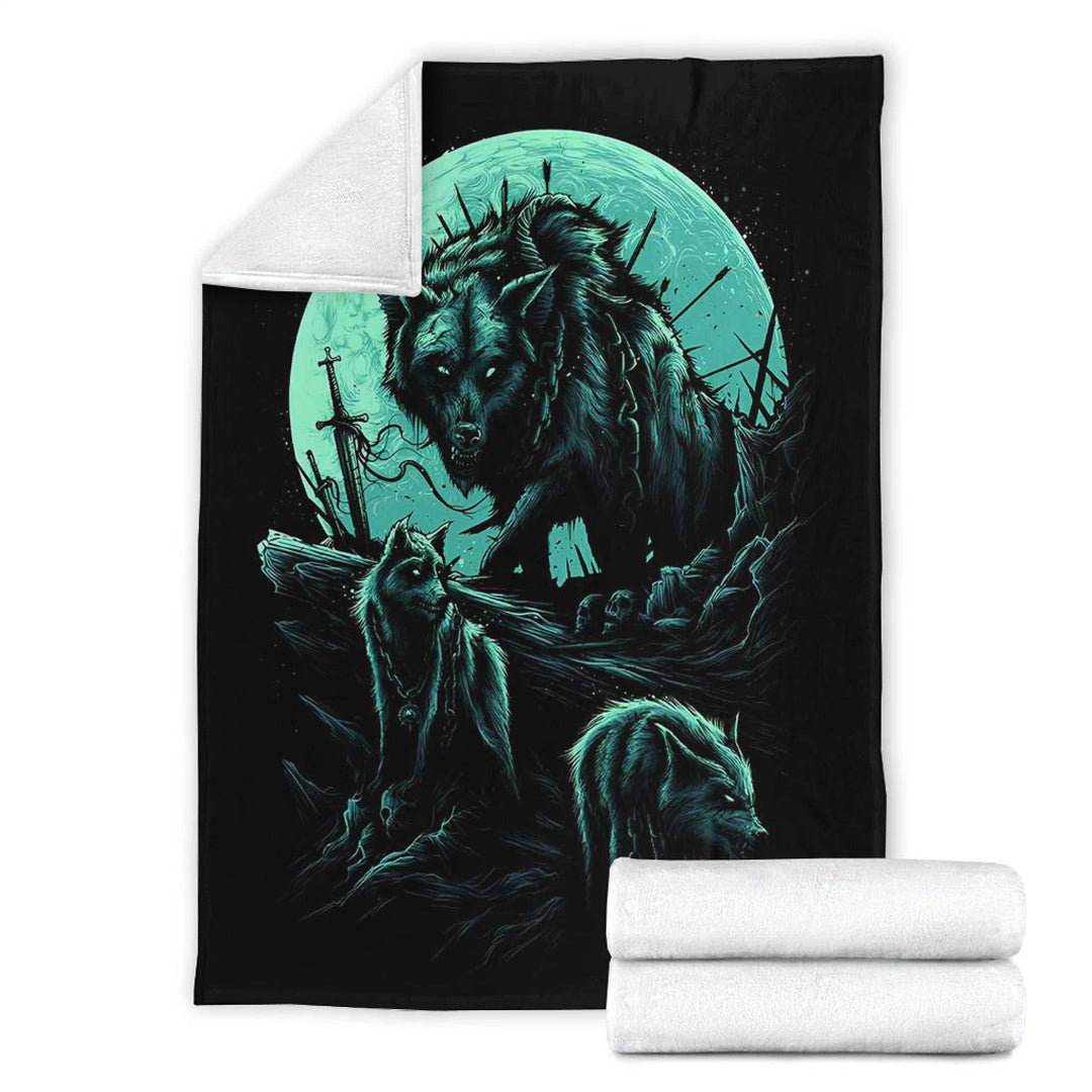Viking Blanket Fenrir Wolf and Moon Sherpa Fleece Blanket Gifts for Viking Lovers