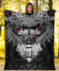 Viking Blanket God Odin and His Raven Sherpa Fleece Blanket Gifts for Viking Lovers