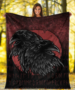 Viking Blanket Huginn And Muninn Birds Norse Mythology Crow Hunters Wildlife Animals Sherpa Fleece Blanket Gifts for Viking Lovers