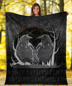 Viking Blanket Huginn And Muninn Norse Mythology Ravens Midgard Birds Crow Sherpa Fleece Blanket Gifts for Viking Lovers
