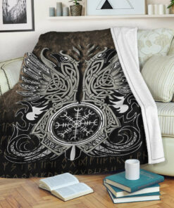 Viking Blanket Huginn & Muninn, Odin's Ravens Sherpa Fleece Blanket Gifts for Viking Lovers