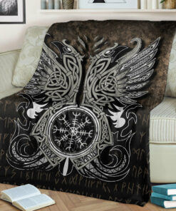 Viking Blanket Huginn & Muninn, Odin's Ravens Sherpa Fleece Blanket Gifts for Viking Lovers