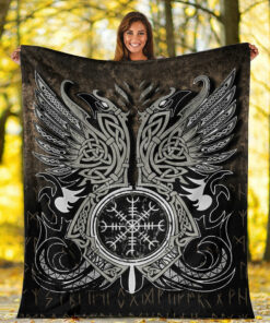 Viking Blanket Huginn & Muninn, Odin's Ravens Sherpa Fleece Blanket Gifts for Viking Lovers