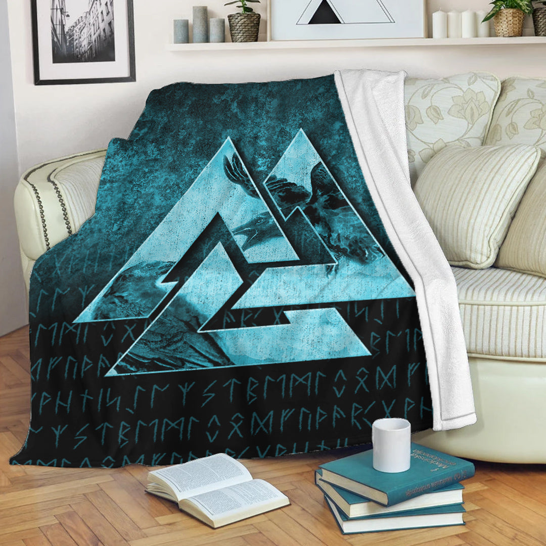 Viking Blanket Huginn Muninn Ravens from Odin Viking Cyan Version Sherpa Fleece Blanket Gifts for Viking Lovers