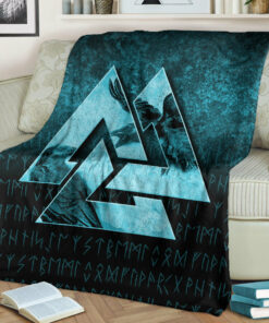 Viking Blanket Huginn Muninn Ravens from Odin Viking Cyan Version Sherpa Fleece Blanket Gifts for Viking Lovers