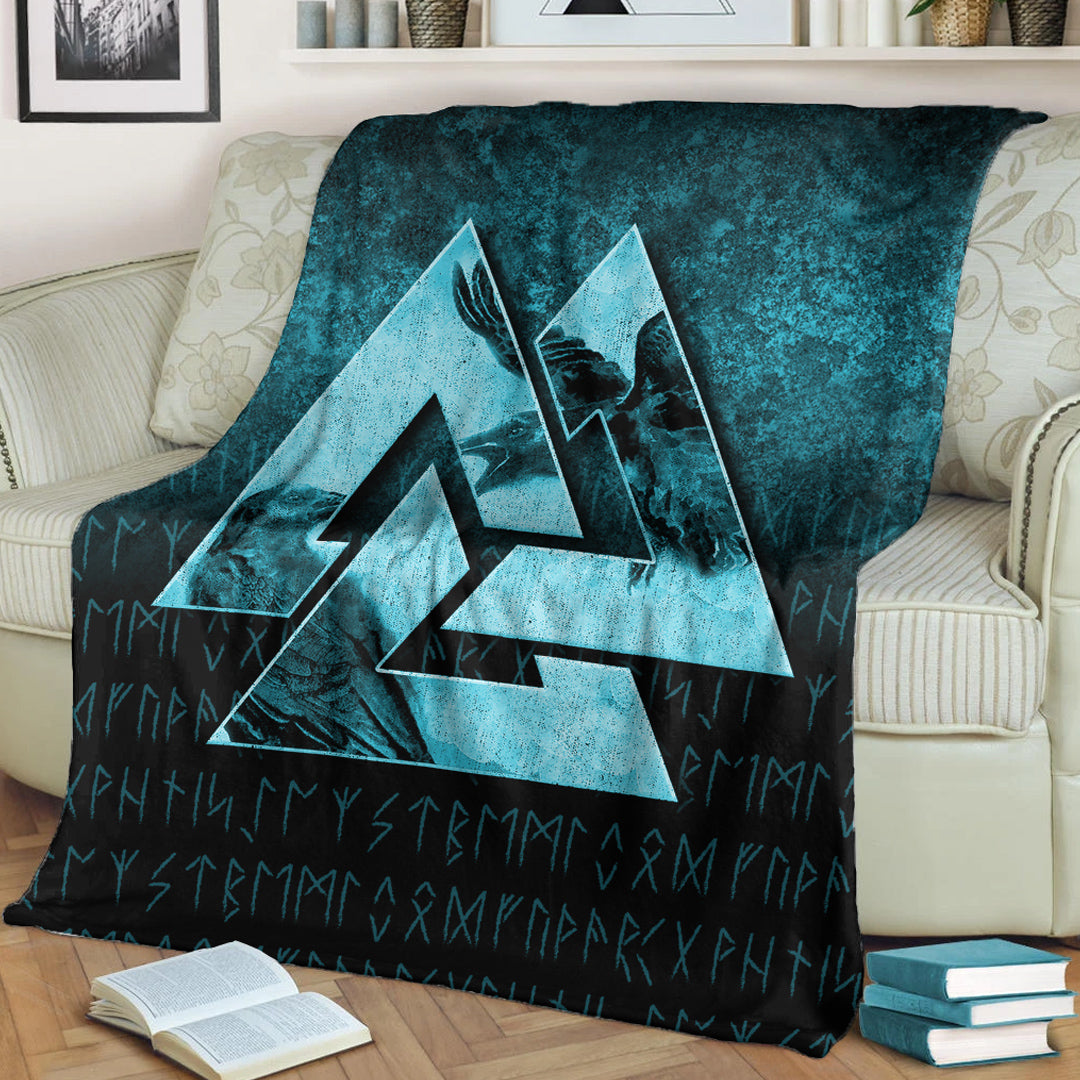 Viking Blanket Huginn Muninn Ravens from Odin Viking Cyan Version Sherpa Fleece Blanket Gifts for Viking Lovers