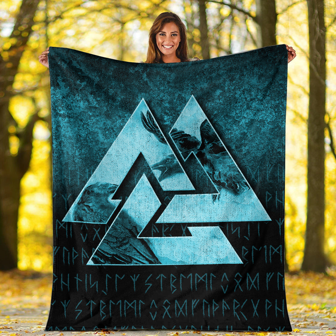 Viking Blanket Huginn Muninn Ravens from Odin Viking Cyan Version Sherpa Fleece Blanket Gifts for Viking Lovers