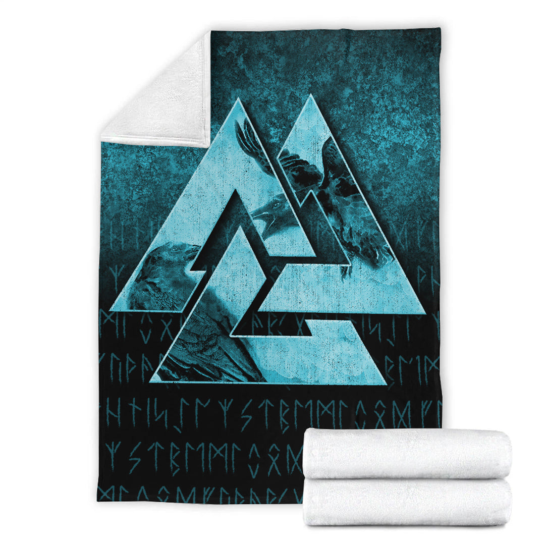 Viking Blanket Huginn Muninn Ravens from Odin Viking Cyan Version Sherpa Fleece Blanket Gifts for Viking Lovers