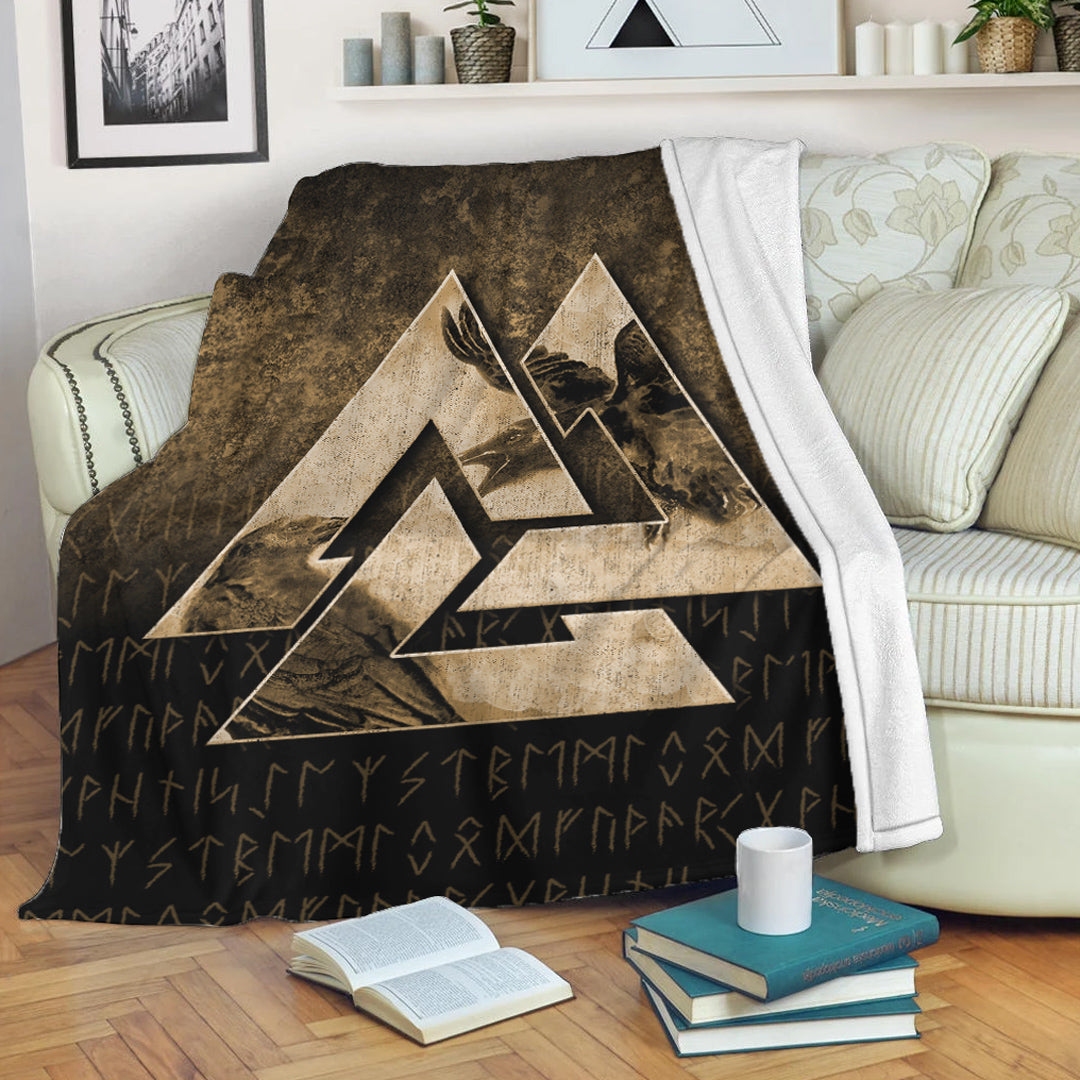 Viking Blanket Huginn Muninn Ravens from Odin Viking Gold Version Sherpa Fleece Blanket Gifts for Viking Lovers