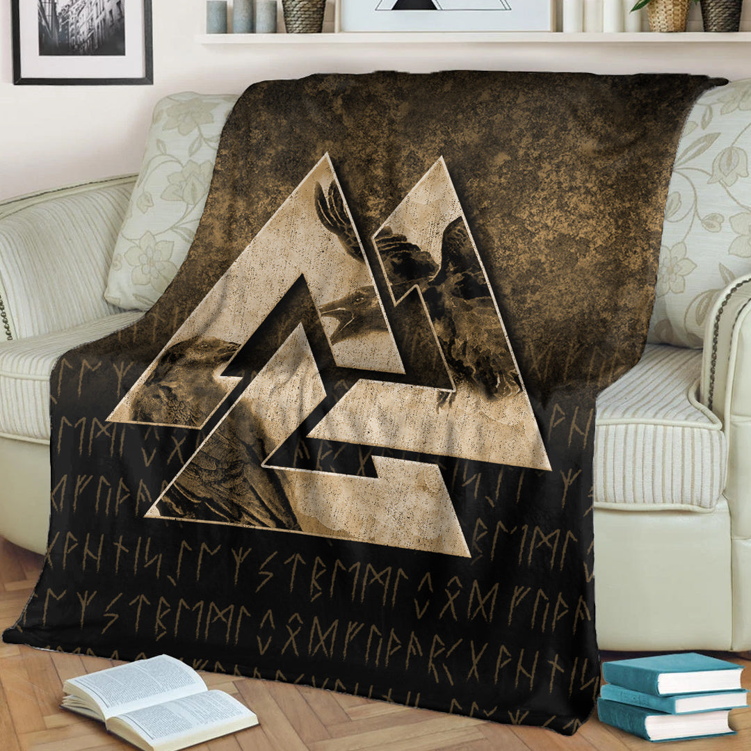 Viking Blanket Huginn Muninn Ravens from Odin Viking Gold Version Sherpa Fleece Blanket Gifts for Viking Lovers