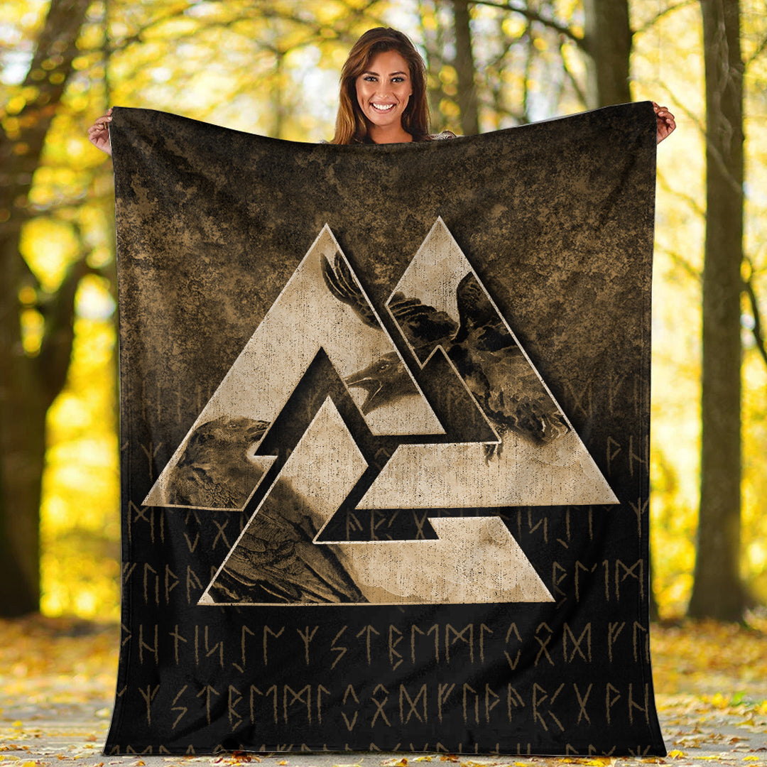 Viking Blanket Huginn Muninn Ravens from Odin Viking Gold Version Sherpa Fleece Blanket Gifts for Viking Lovers