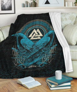 Viking Blanket Huginn and Muninn Valknut Cyan Style Sherpa Fleece Blanket Gifts for Viking Lovers