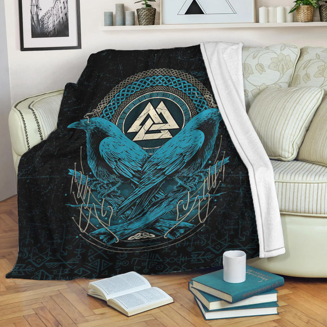 Viking Blanket Huginn and Muninn Valknut Cyan Style Sherpa Fleece Blanket Gifts for Viking Lovers
