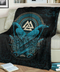 Viking Blanket Huginn and Muninn Valknut Cyan Style Sherpa Fleece Blanket Gifts for Viking Lovers