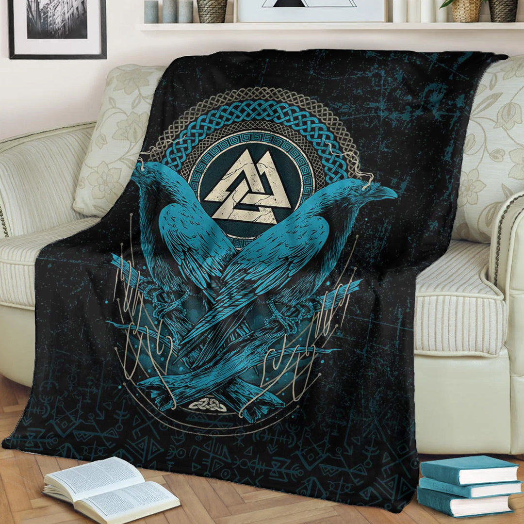 Viking Blanket Huginn and Muninn Valknut Cyan Style Sherpa Fleece Blanket Gifts for Viking Lovers