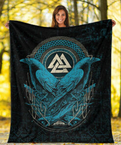 Viking Blanket Huginn and Muninn Valknut Cyan Style Sherpa Fleece Blanket Gifts for Viking Lovers