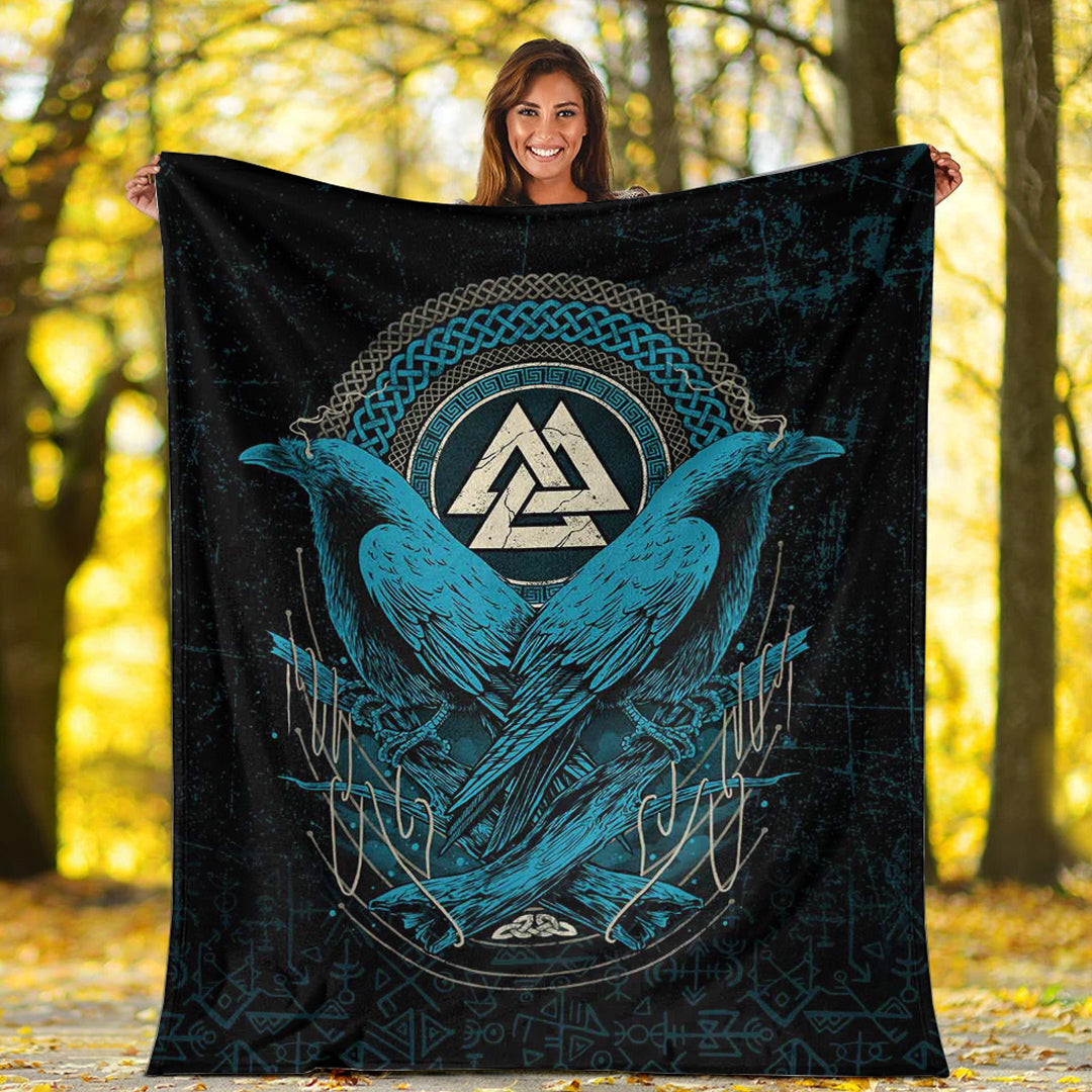 Viking Blanket Huginn and Muninn Valknut Cyan Style Sherpa Fleece Blanket Gifts for Viking Lovers