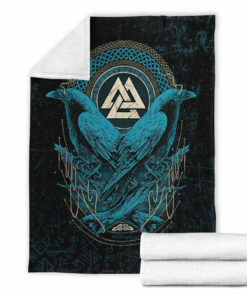 Viking Blanket Huginn and Muninn Valknut Cyan Style Sherpa Fleece Blanket Gifts for Viking Lovers