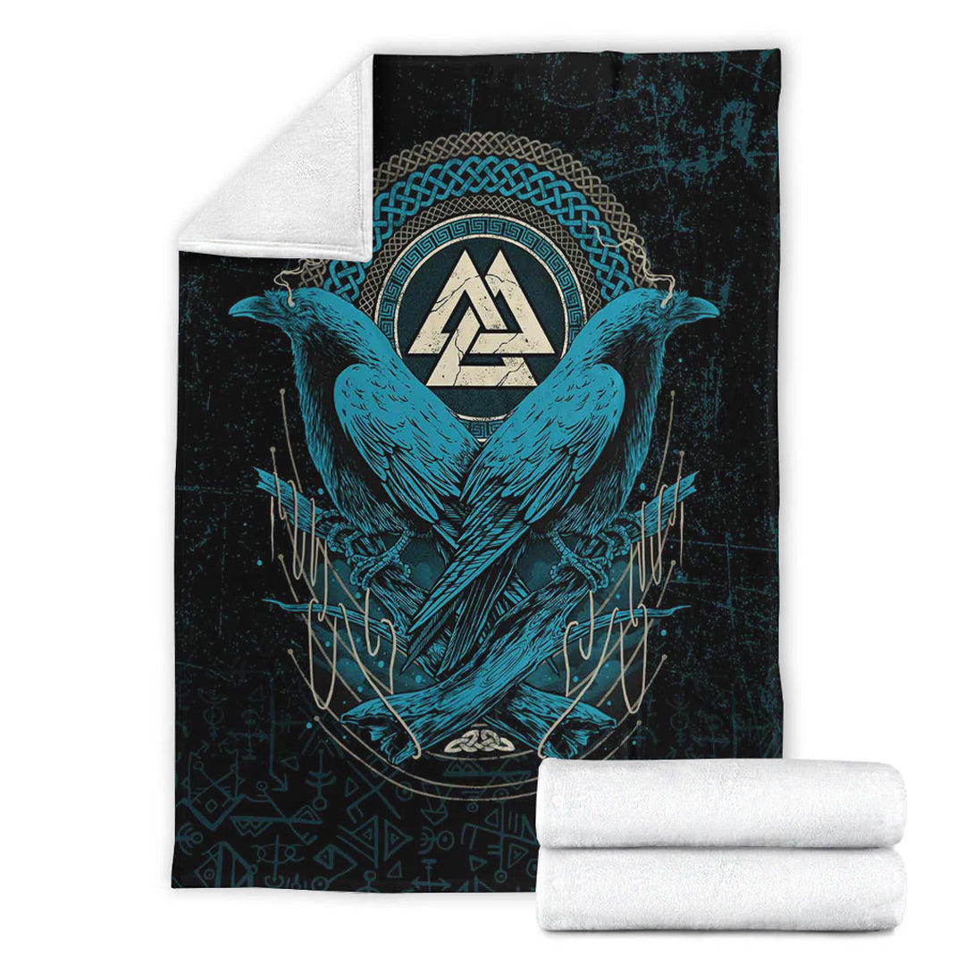 Viking Blanket Huginn and Muninn Valknut Cyan Style Sherpa Fleece Blanket Gifts for Viking Lovers