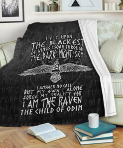 Viking Blanket I Am The Raven The Child Of Odin Sherpa Fleece Blanket Gifts for Viking Lovers
