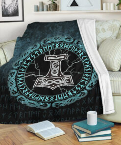 Viking Blanket Mjolnir Hammer of Thor Runes Sherpa Fleece Blanket Gifts for Viking Lovers