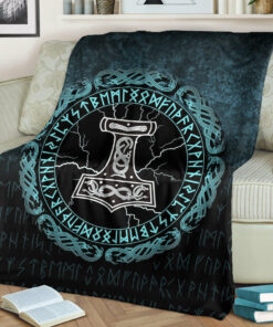 Viking Blanket Mjolnir Hammer of Thor Runes Sherpa Fleece Blanket Gifts for Viking Lovers