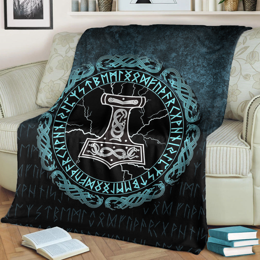 Viking Blanket Mjolnir Hammer of Thor Runes Sherpa Fleece Blanket Gifts for Viking Lovers