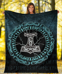 Viking Blanket Mjolnir Hammer of Thor Runes Sherpa Fleece Blanket Gifts for Viking Lovers