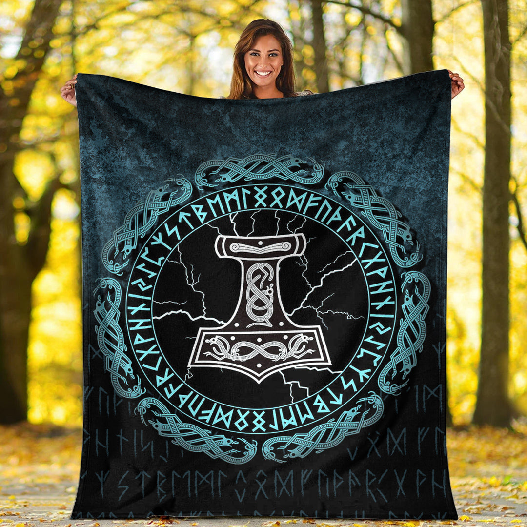 Viking Blanket Mjolnir Hammer of Thor Runes Sherpa Fleece Blanket Gifts for Viking Lovers