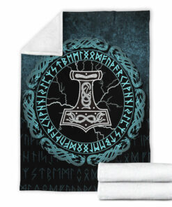 Viking Blanket Mjolnir Hammer of Thor Runes Sherpa Fleece Blanket Gifts for Viking Lovers