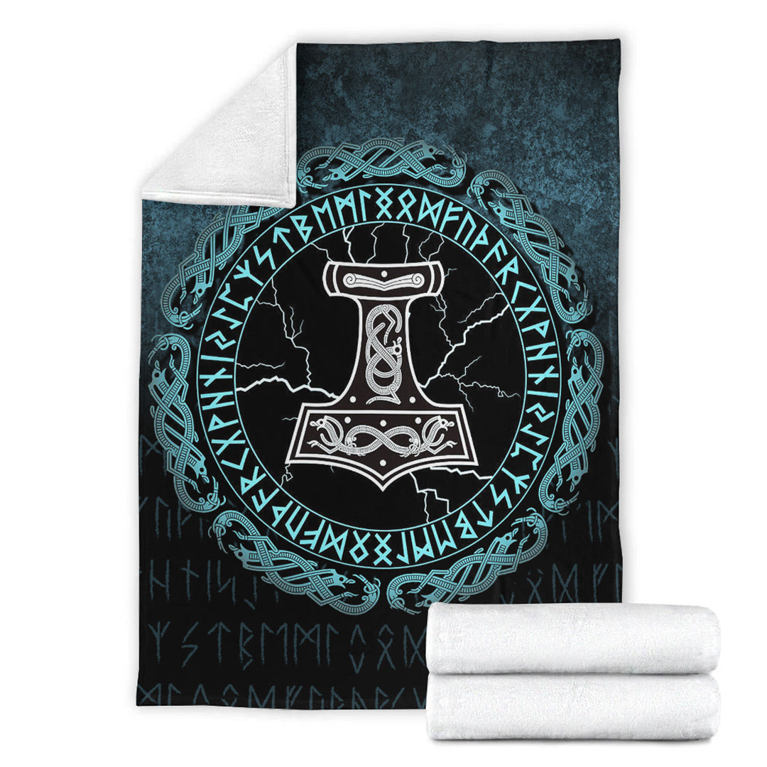 Viking Blanket Mjolnir Hammer of Thor Runes Sherpa Fleece Blanket Gifts for Viking Lovers