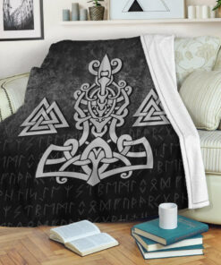 Viking Blanket Mjolnir and Valknut Sherpa Fleece Blanket Gifts for Viking Lovers
