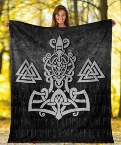 Viking Blanket Mjolnir and Valknut Sherpa Fleece Blanket Gifts for Viking Lovers