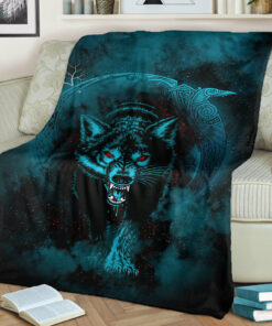 Viking Blanket Moon Wolf Tattoo Sherpa Fleece Blanket Gifts for Viking Lovers