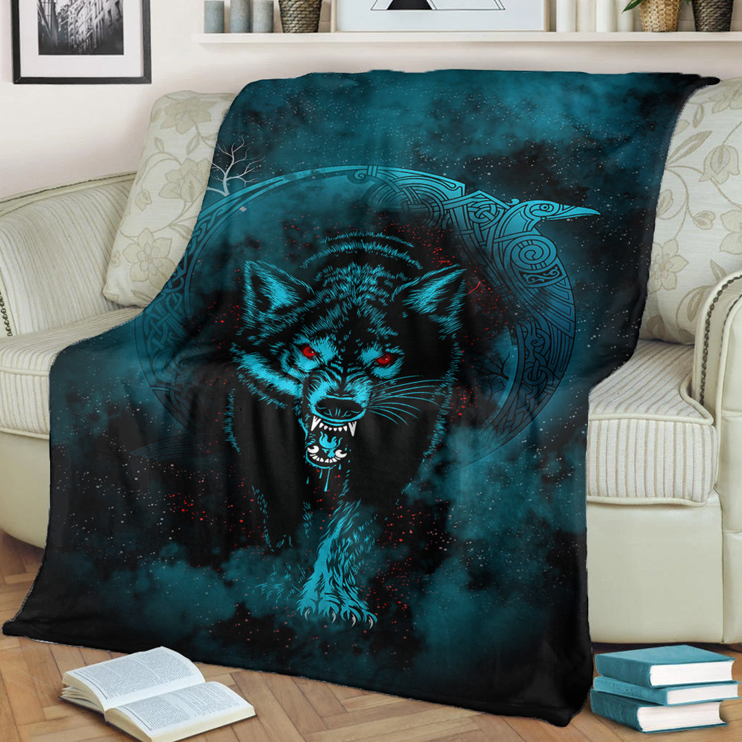 Viking Blanket Moon Wolf Tattoo Sherpa Fleece Blanket Gifts for Viking Lovers